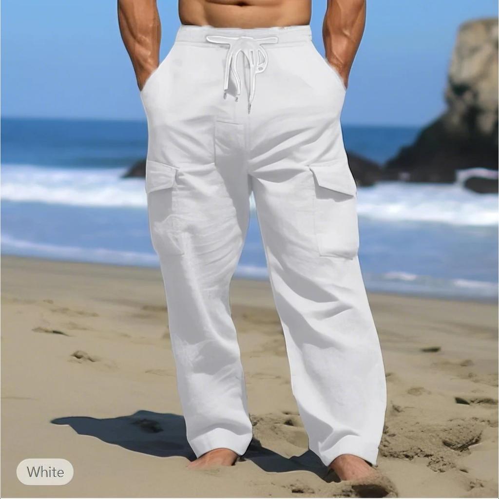 Summer Comfortable Breathable Outdoor Men's Pants Pull Rope Multi-pocket Straight Leg Daily Outdoor Cotton Hemp Casual Pants