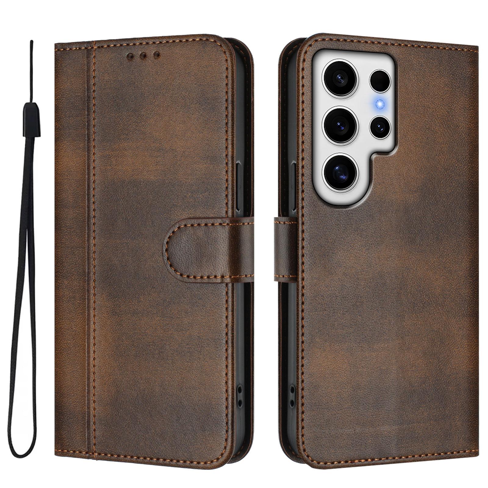 

For Samsung Galaxy S24 Ultra Cases Wallet Stand Retro Texture Leather Phone Cover with Lanyard Brown