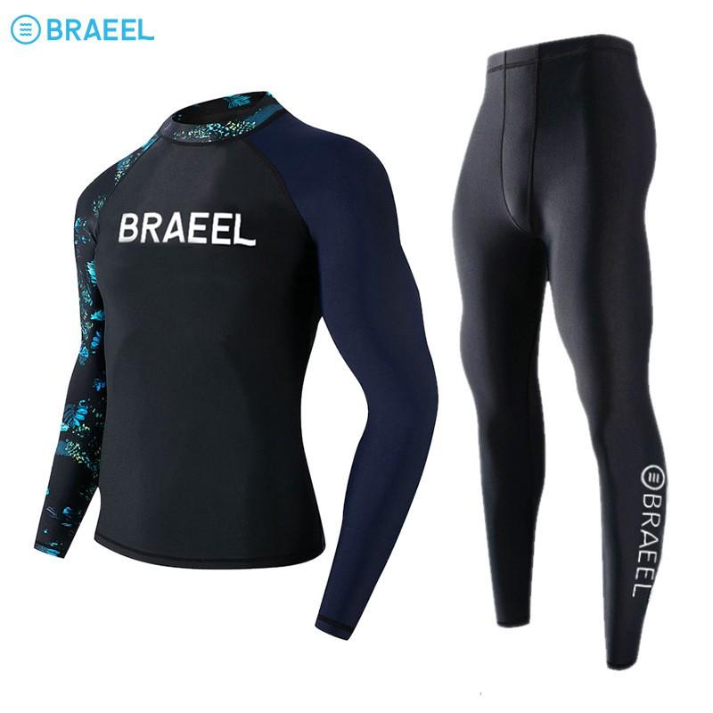 Mens UV Protection Quick-Dry Long Sleeve Rash Guard Set With Pants Surfing Diving Swimming