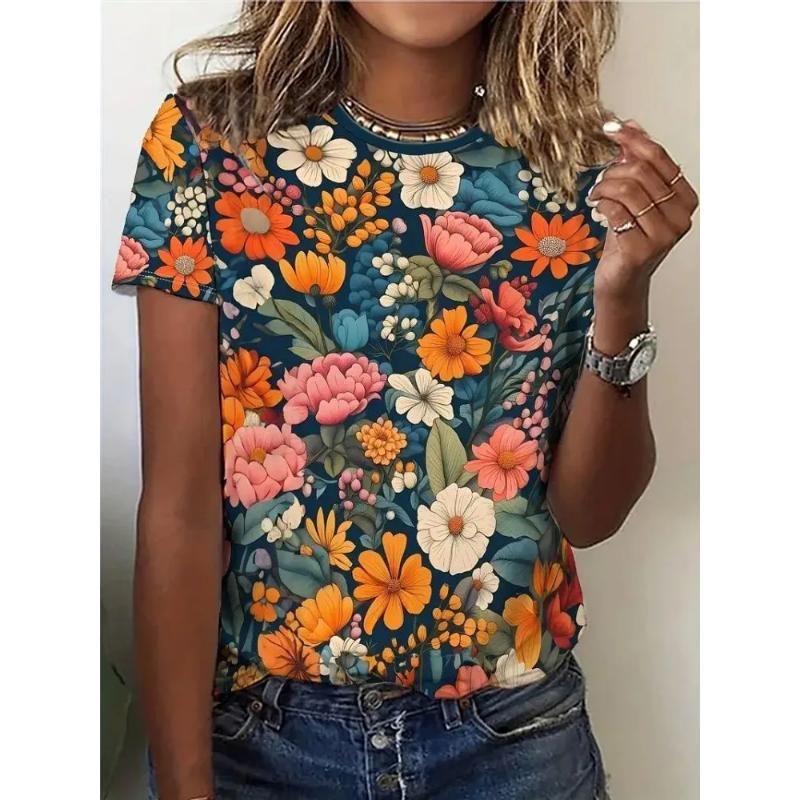 Fashion Women's Crew Neck T-Shirt 3D Flower Color Printing Crew Neck Short Sleeve