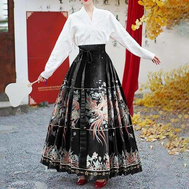 

Весенне-осенняя полуюбка Hanfu, одежда, вышитая шелковая плиссированная юбка, новая юбка в национальном стиле, плиссированная юбка с конским лицом One Size чёрный