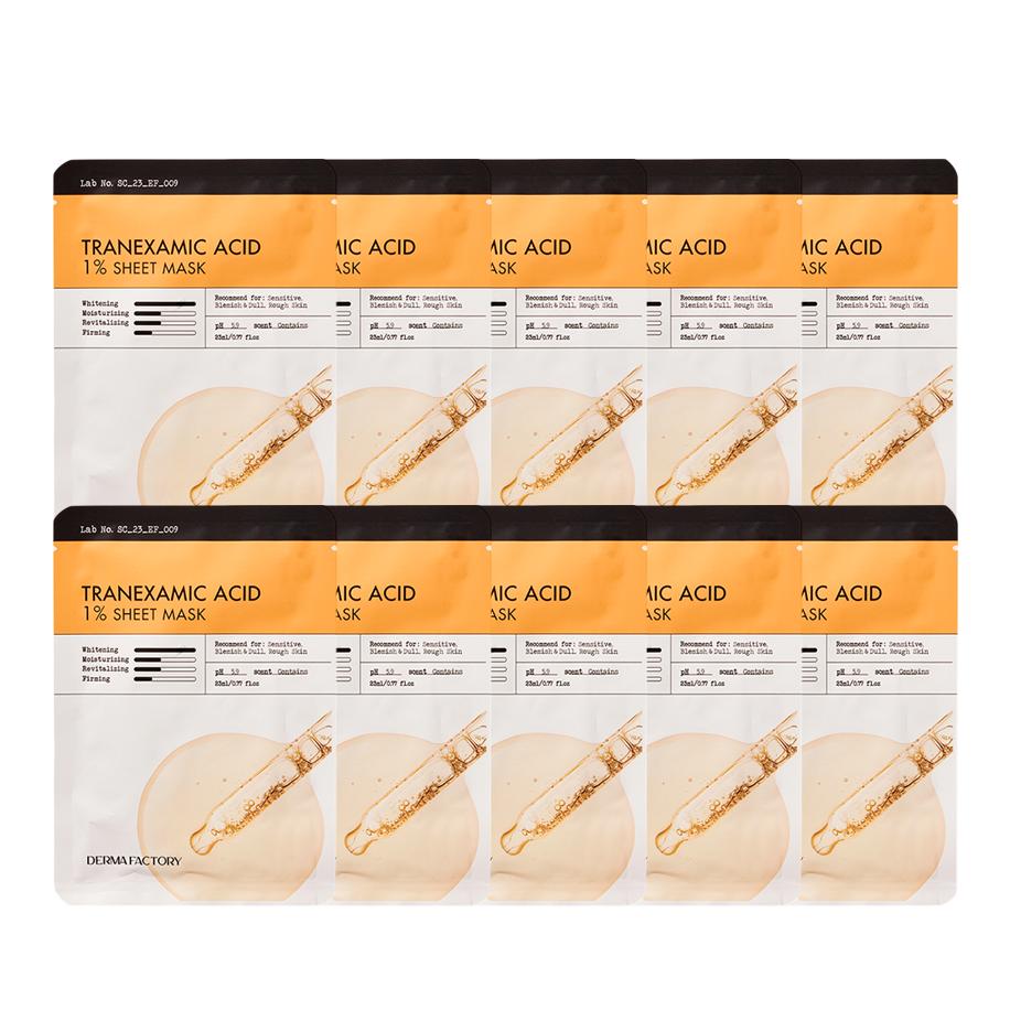 DERMA FACTORY Maseczka w płachcie z kwasem traneksamowym 1% – Rozjaśniająca i pielęgnująca przebarwienia maseczka esencjonalna z niacynamidem i glutationem, koreańska