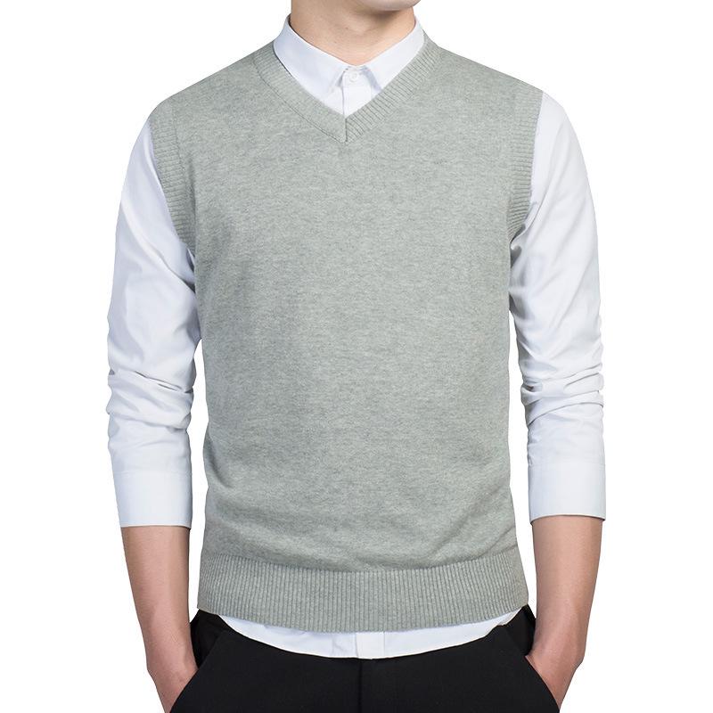 Men's Solid V-Neck Wool Knit Vest - Sleeveless Pullover for Spring and Autumn