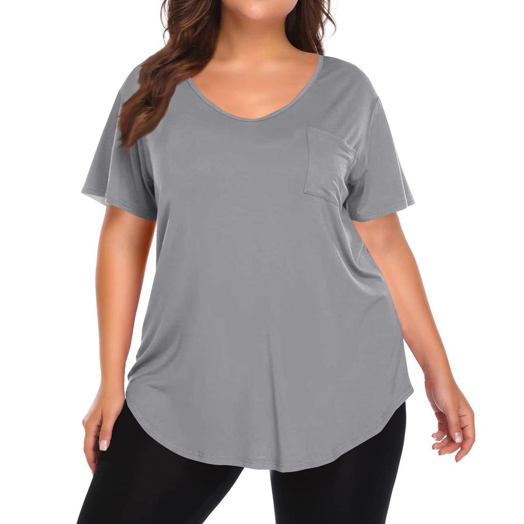 Women's Solid Color Large Size V-neck Top Loose Pocket T-shirt