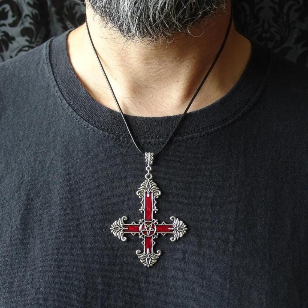 Retro Fashion Ancient Silver Carved Five-pointed Star Symbol Cross Pendant Necklace for Men Women Halloween Exquisite Jewelry