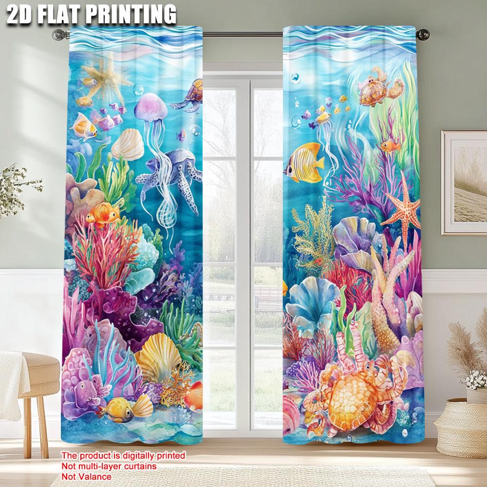 2pcs, Contemporary Curtains 2D Print Ocean Sea Versatile Polyester Fabric (without Rod) All Seasons Perfect for Bedroom & Living