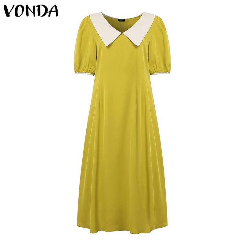 

VONDA Женское платье с V-образным воротником-куклой, коротким рукавом, однотонное, свободное, плиссированное, длиной до щиколотки S