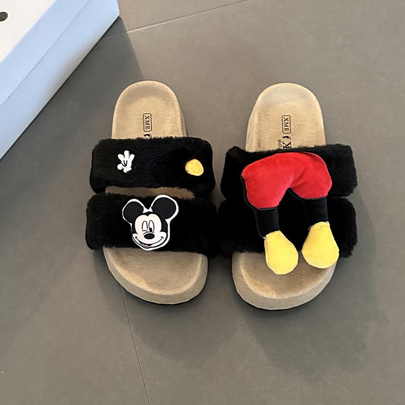 Piaohong Mickey thick-soled fluffy slippers 2025 autumn and winter cute cartoon home flat one-and-a-half slippers cotton shoes