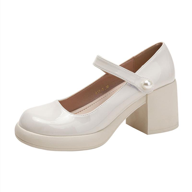 

Весна и осень 2024 года. Туфли Мэри Джейн на толстой подошве из натуральной кожи с высоким каблуком и жемчужным принтом. 35 бежевый