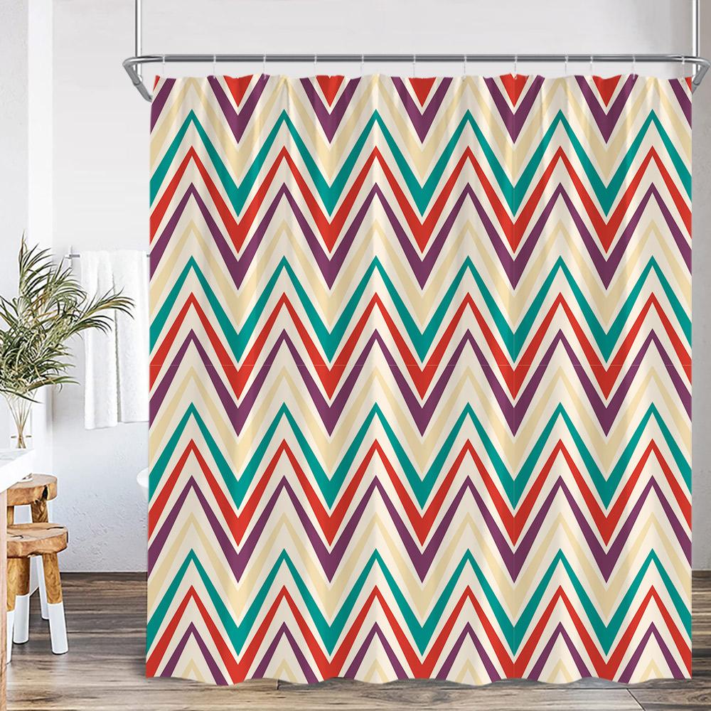 Geometric Stripes Shower Curtain Abstract Wavy Line Spots Art Aesthetic Bathroom Decorations Modern Bath Curtain with Hooks