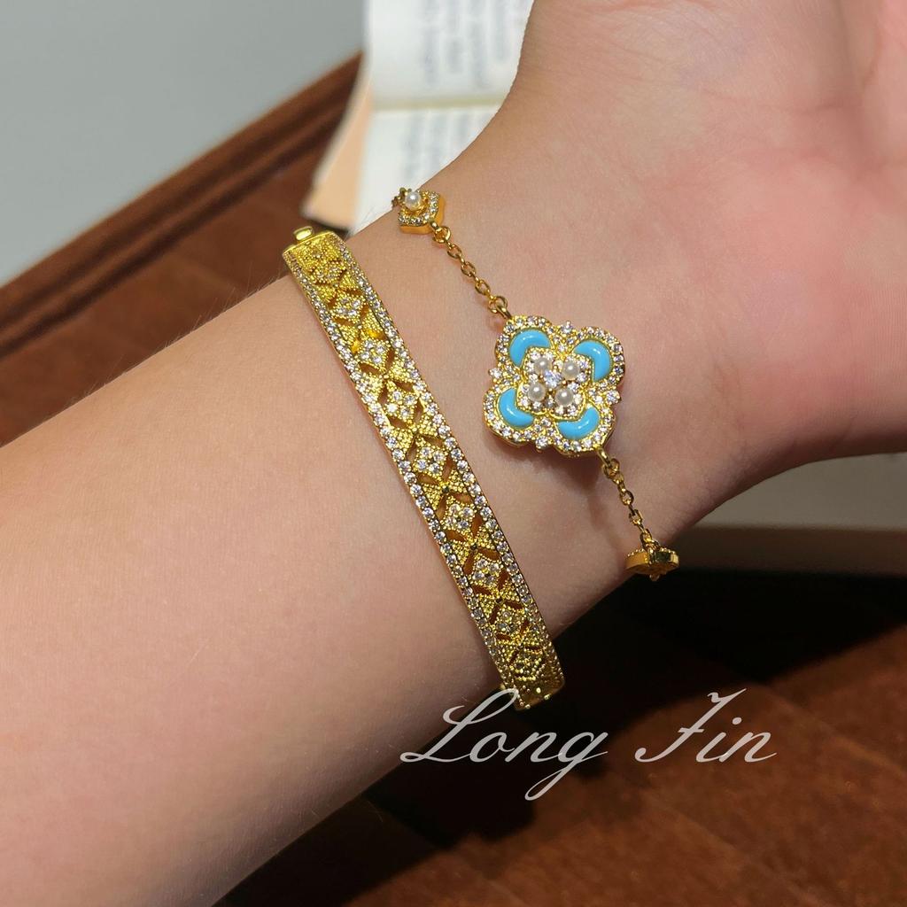 Light Luxury Retro Court Style Turquoise Imitation Pearl Four-Leaf Clover Necklace Bracelet Ring Light Luxury High-End Set