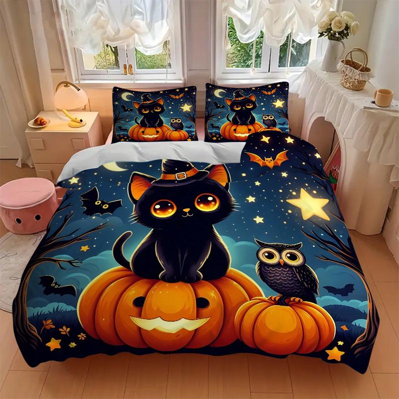 3pcs Starry Sky Cat and Owl Halloween Print Cover Set Ultra Soft, Breathable, and Comfortable Bedding with Stylish Design for Bedroom and Guest R