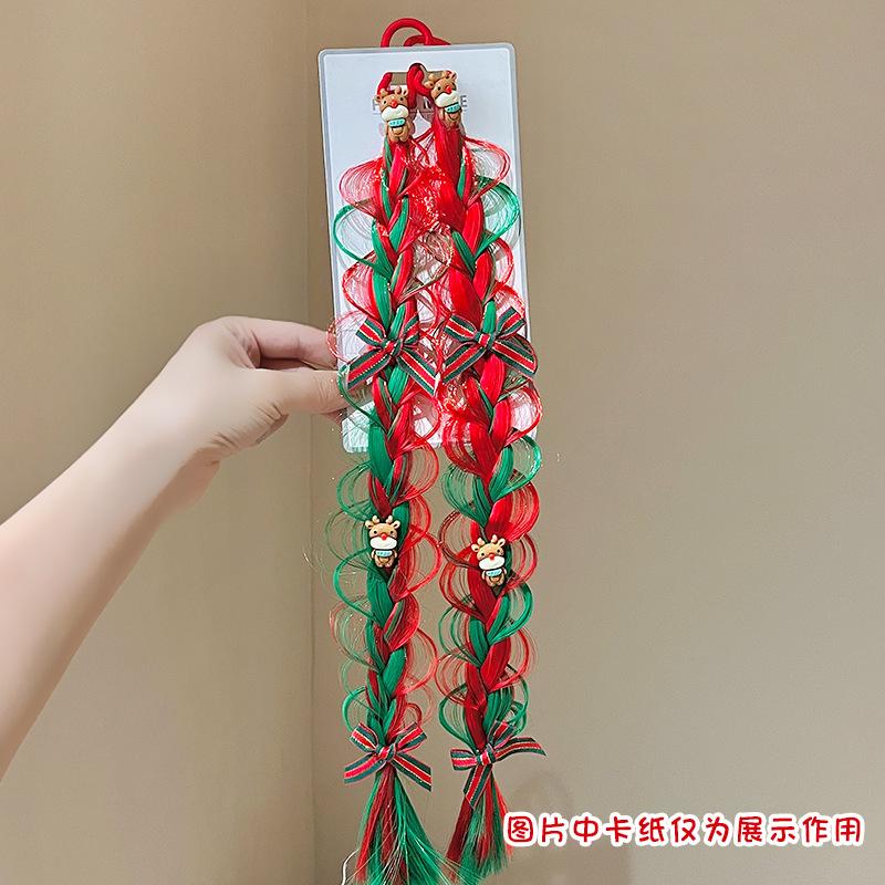 Christmas Children'S Hair Accessories Red Bow Santa Lantern Wig Braid Hair Ring Bubble Braid Wig Headband