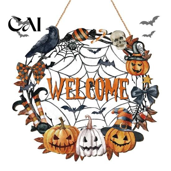 Festive Entryway Fall Display Halloween Door Sign for Porch, Cute Ghost Scarecrow Dwarf Hanging Wall Decorative Seasonal Plaque, Rustic Farmhouse