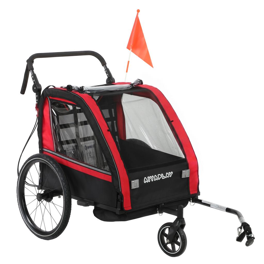 Child Bike Trailer, 2-in-1, 2-Seater Stroller, Adjustable Handlebars, Handbrake, Safety Belt, Red