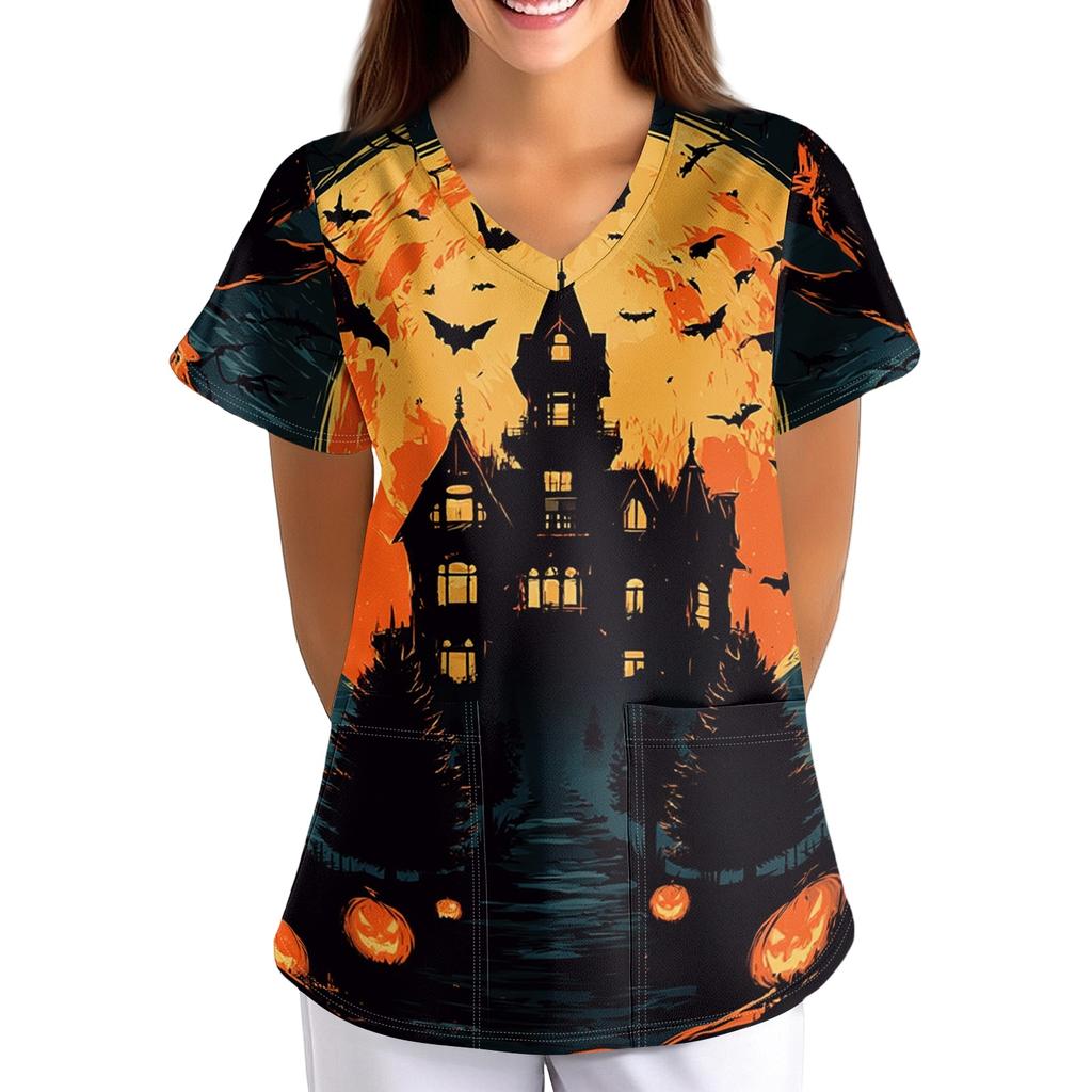 Women's Halloween Print Loose Fit V-Neck Short Sleeve Uniform Top with Pockets