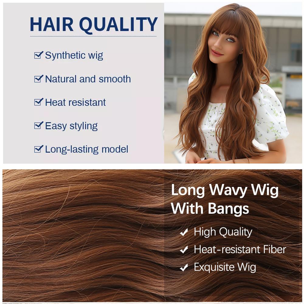 Long Wavy Black Ombre Brown Wigs With Bangs Synthetic Natural Wave Wig for Black Women Heat Resistant Fake Hair Cosplay Wig