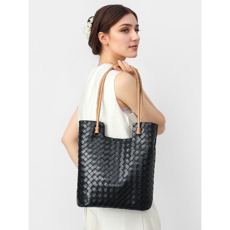 

Tote Bag New Woven Handbag Large Cowhide Commuting Shoulder Bag for Women Large Capacity Genuine Leather Women s Bag чорний