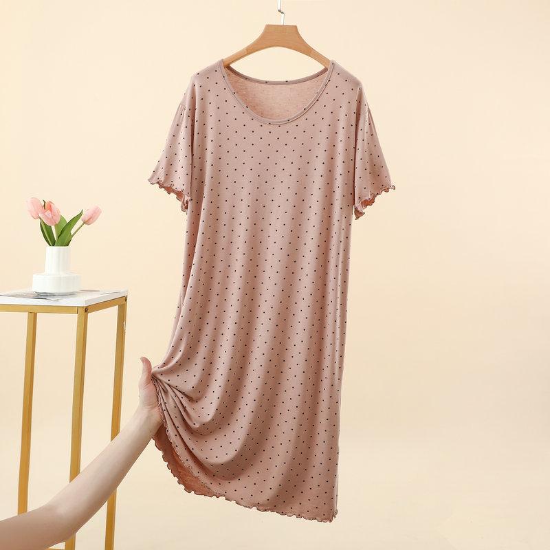 Damen Sommer Modal Pünktchen Rüschen Kurzarm Midi Kleid Übergröße Schmeichelnd Lockerer Schnitt Nachthemd Lässiges Nachthemd Loungewear Kleider