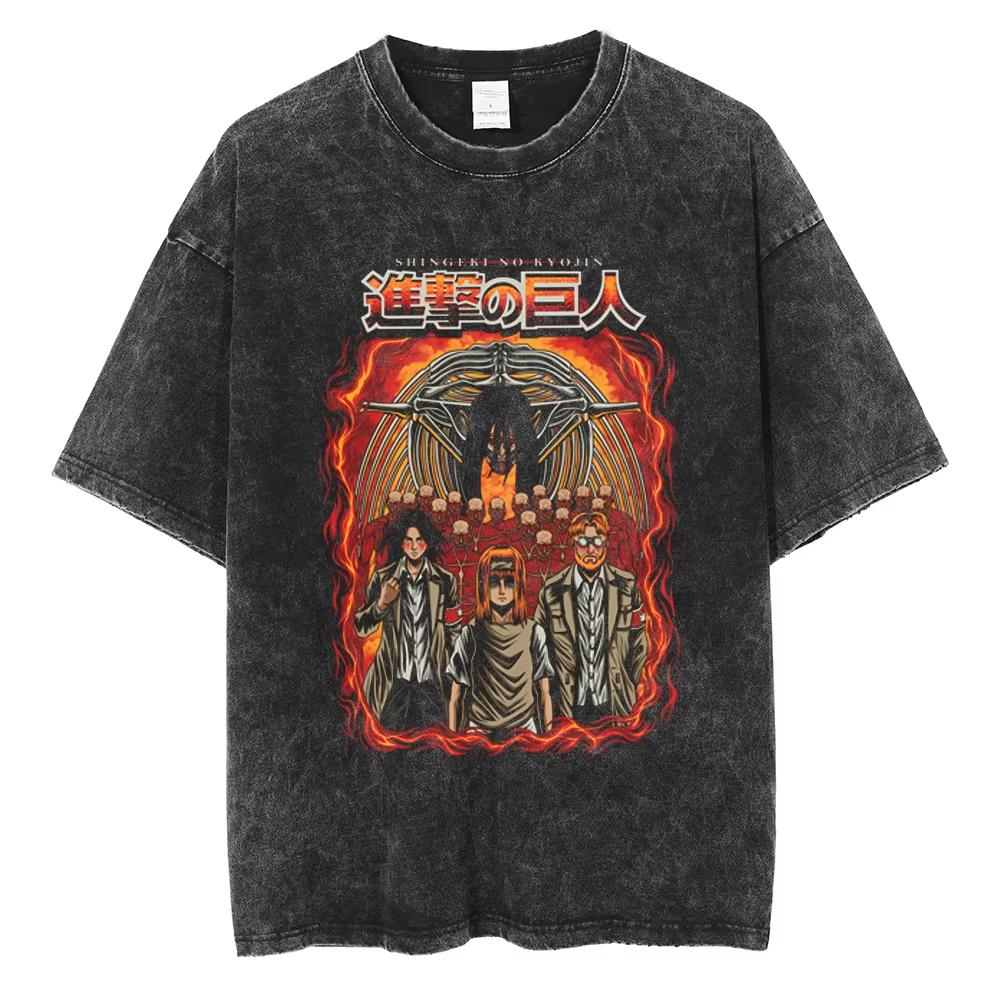 Summer Hot Sale Anime Attack On Titan Eren Jaeger Print Washed T-shirts Men Women Casual Retro Cotton T Shirt Hip Hop Streetwear Oversized T-shirt