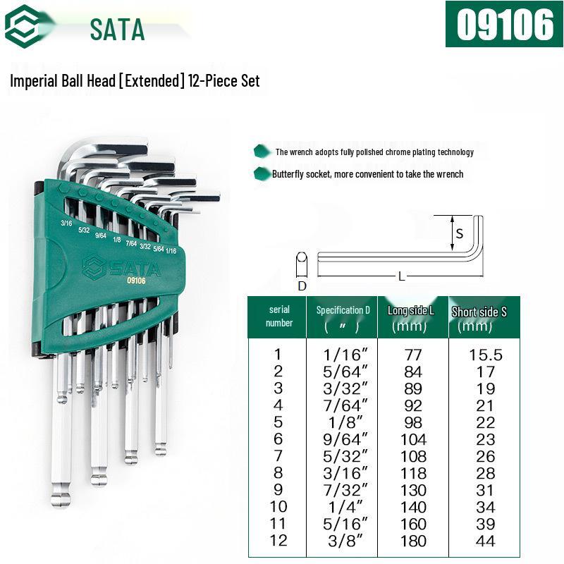 SATA Extra-Long Ball-End Hex Key Set, Inch Sizes (09102-09108)