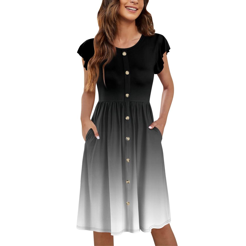 Women's Round Neck Summer Fly Sleeve Casual Printed Loose Button Pocket Midi Dresses