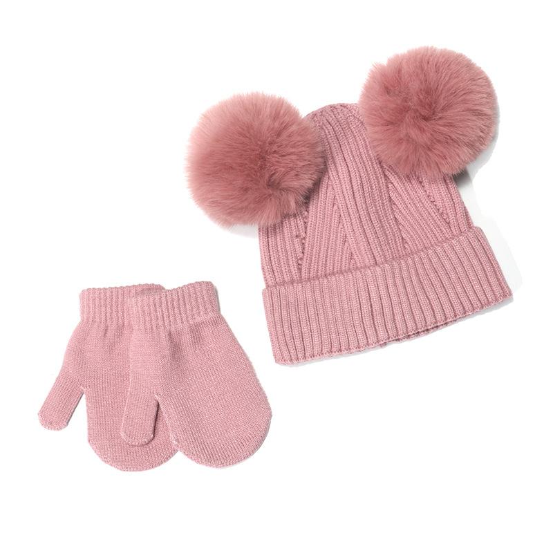 Cross-border Amazon wish new pink and white boys and girls children's hats and gloves two-piece children's winter models