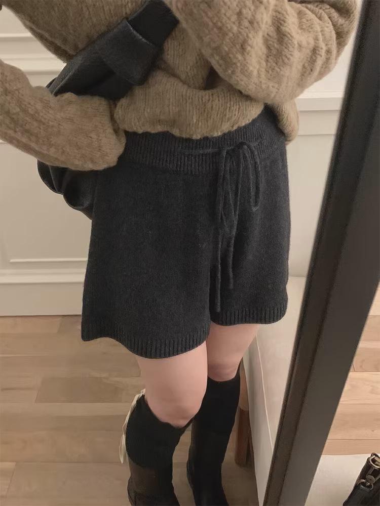 Gray Knit Maternity Wide-Leg Bootcut Shorts - Autumn/Winter Slimming Casual Pants 2XL чёрный