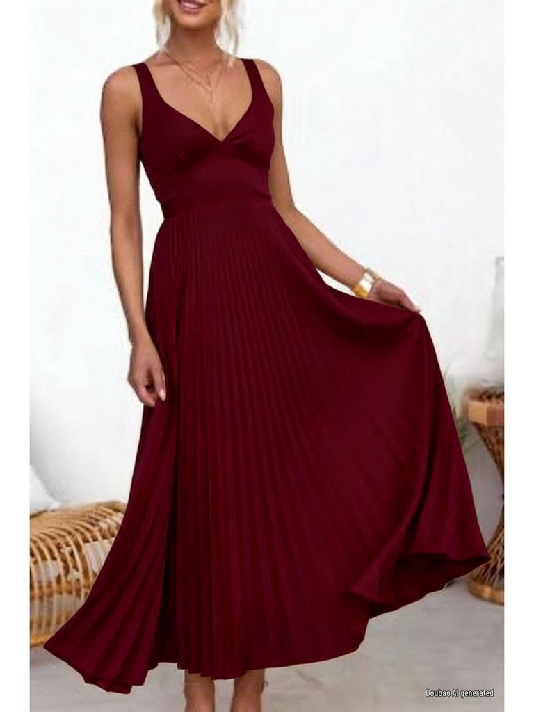 Elegant European & American Women's Pleated Spaghetti Strap Backless Dress