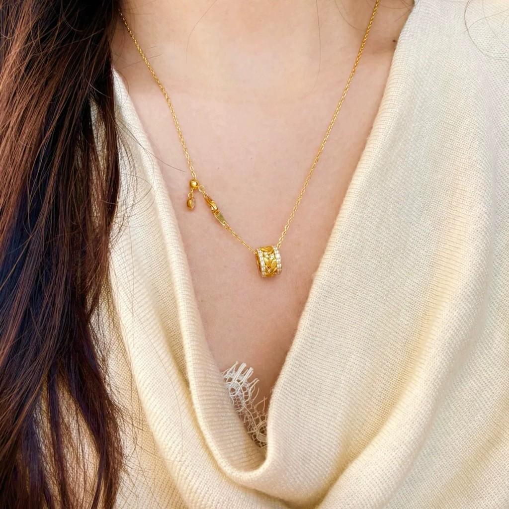 Brushed Wheat Ear Small Waist Gold Necklace Gold Hollow Design, Palace Style 18k Gold Inlaid with 7A High Carbon Diamond