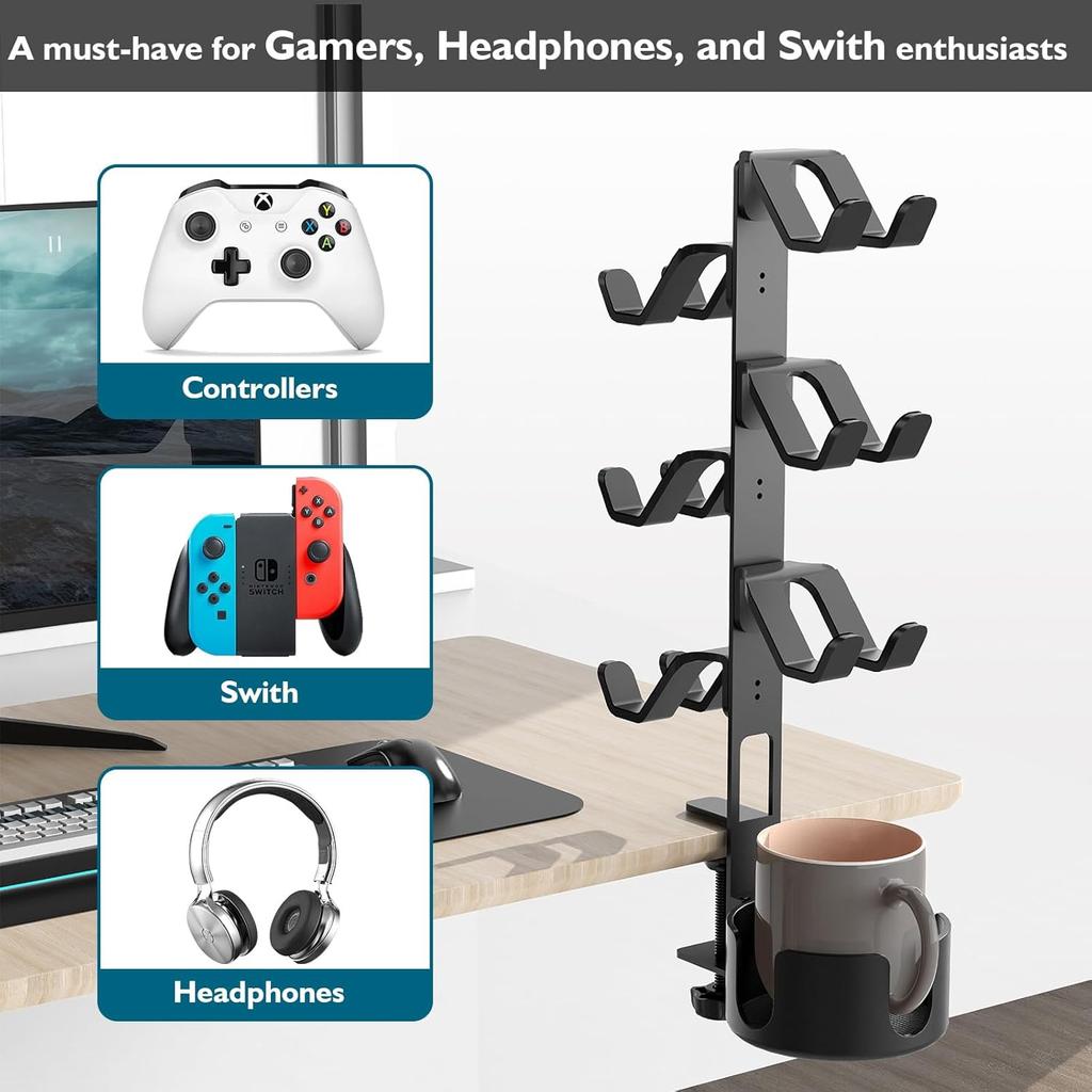 Suporte de Controle 3 Níveis, Suporte Universal para Fones de Ouvido para Mesa, Compatível com Xbox PS5 PS4 Nintendo Switch, Suporte para Headset, Organizador de Controles