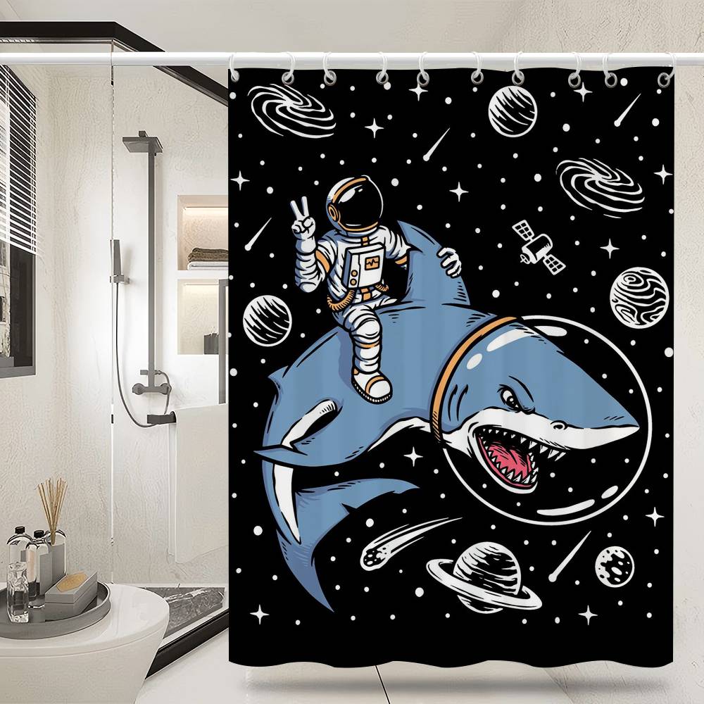Cartoon Space Astronaut Simple Shower Curtain Bathroom Shower Curtain Easy To Clean And Scrub Polyester Waterproof Light Opaque
