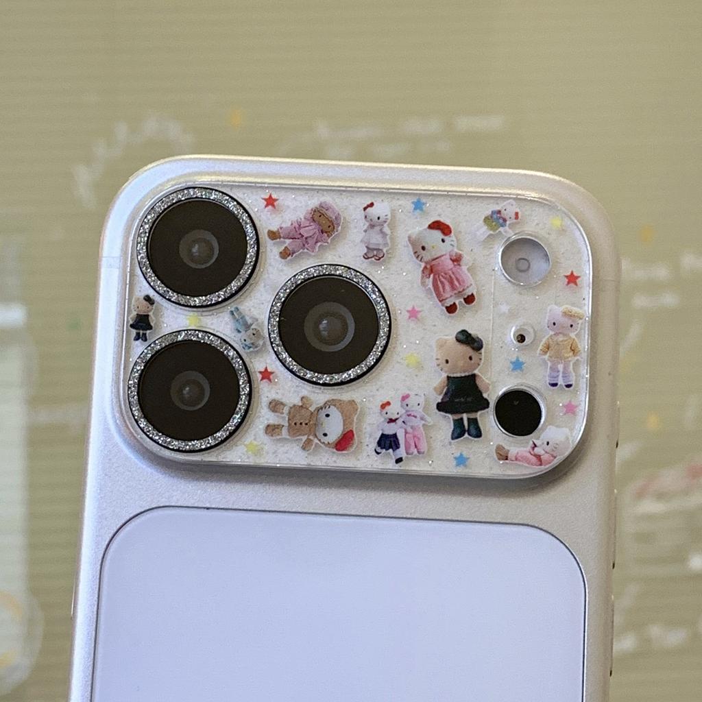 Korean INS Style Cartoon Animation Glitter Bling Camera Protector For IPhone 17 16 15 14 Pro Max Cap Kitty Lens Glass Screen Film Anti-Drop Armor