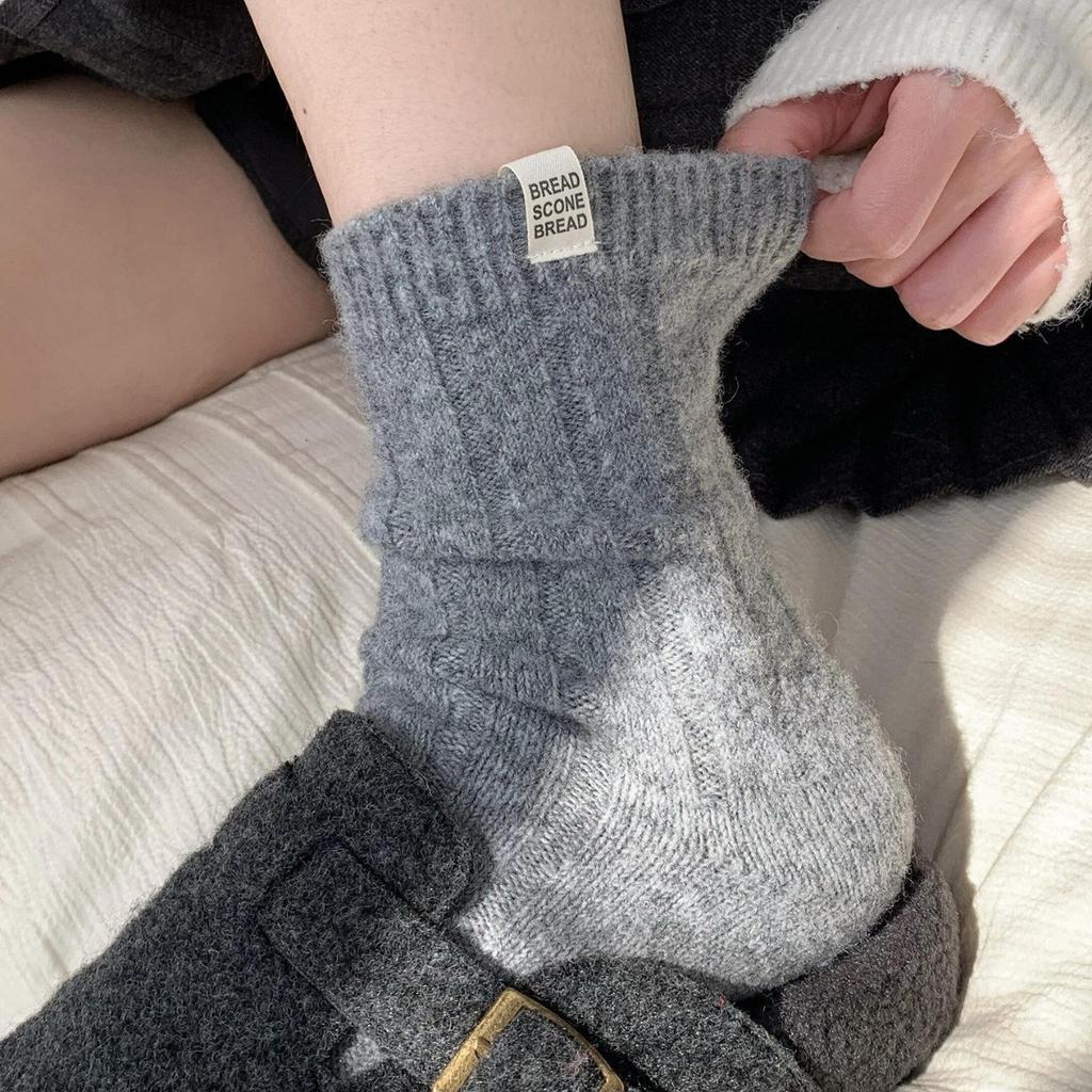 New Autumn And Winter Wool Stacking Socks Children'S Warm Thick Medium Tube Calf Socks Side Cloth Label Vertical Strip Boneless Cotton Socks