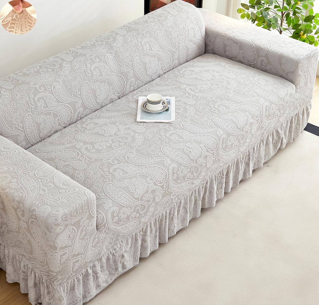 Non-slip Stretch Couch Cover 1/2/3/4 Seater Jacquard Solid Color Sofa Cover With Skirt for Bedroom Office Living Room Home Decor