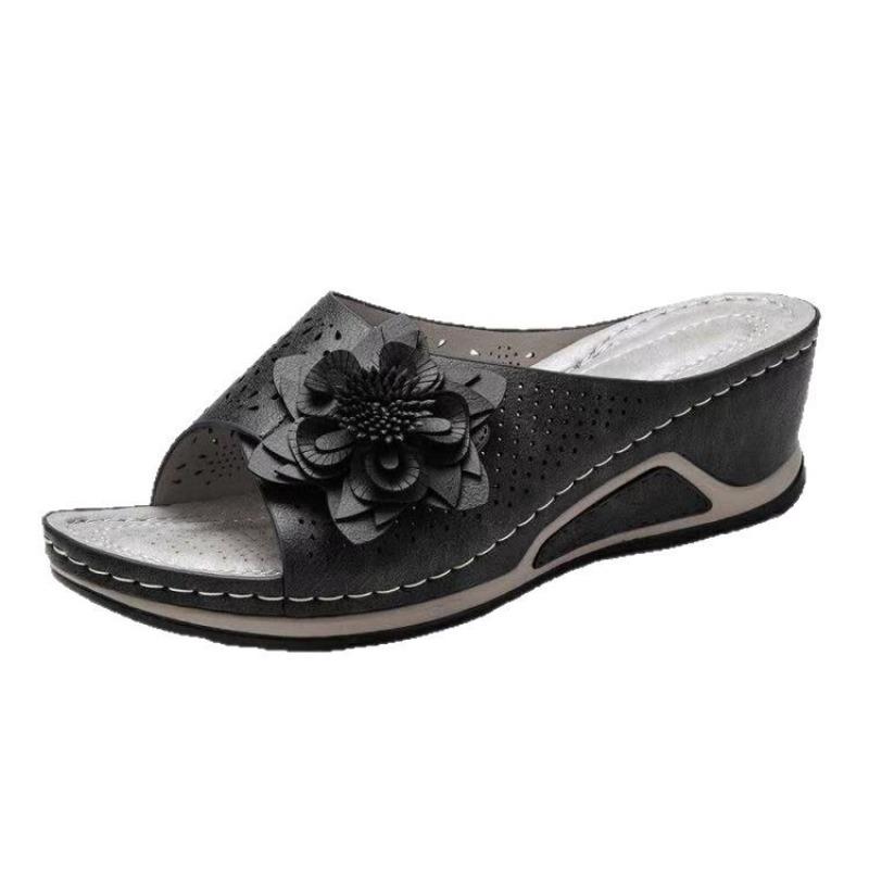 Fashion Summer Large Size 35-43 Women's Sandals Flower Outdoor Slippers Comfortable Breathable PU Flats Trendy Slip-On Women Shoes
