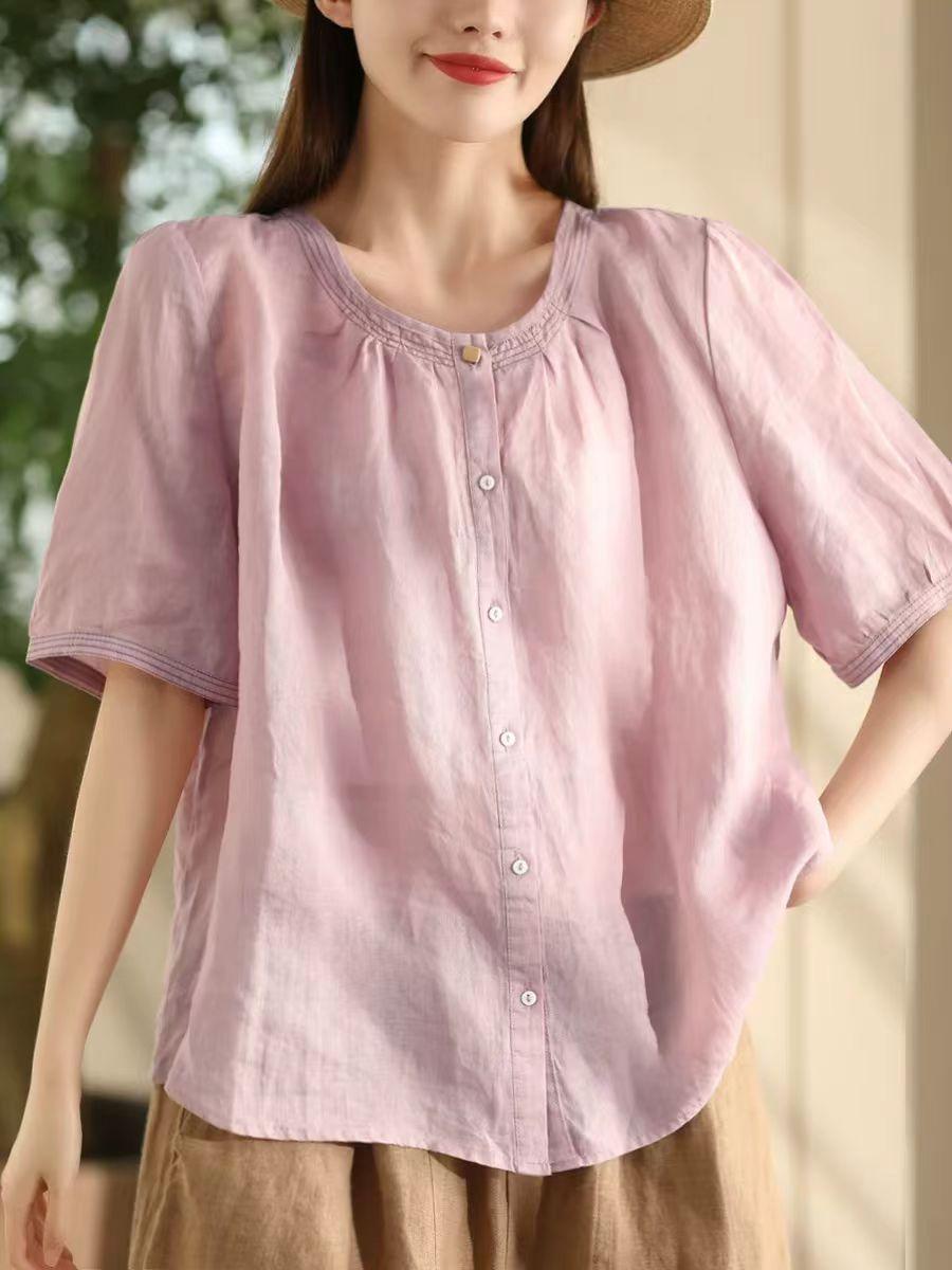 

Johnature Women Chinese Style Shirts O-Neck Short Sleeve Button Tops Summer Solid Color Vintage Women Blouses One Size рожевий