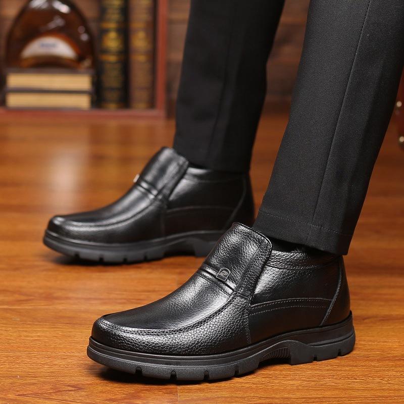 Winter cotton shoes large size men's leather wool high-top shoes middle-aged velvet warm thick-soled non-slip dad cotton leather shoes