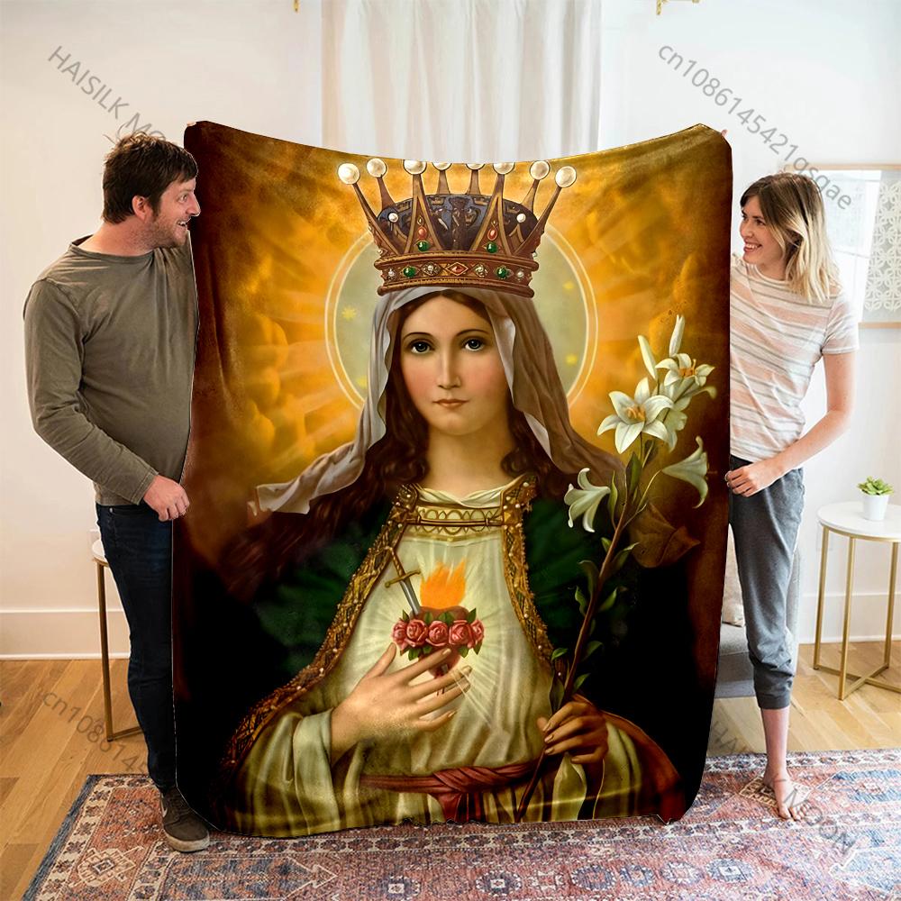 1PC Crowned icon with lilies Print Blanket Warm Soft Fluffy Kids and Adult Sofa Bed Throw Blanket Outdoor Travel Camping RV