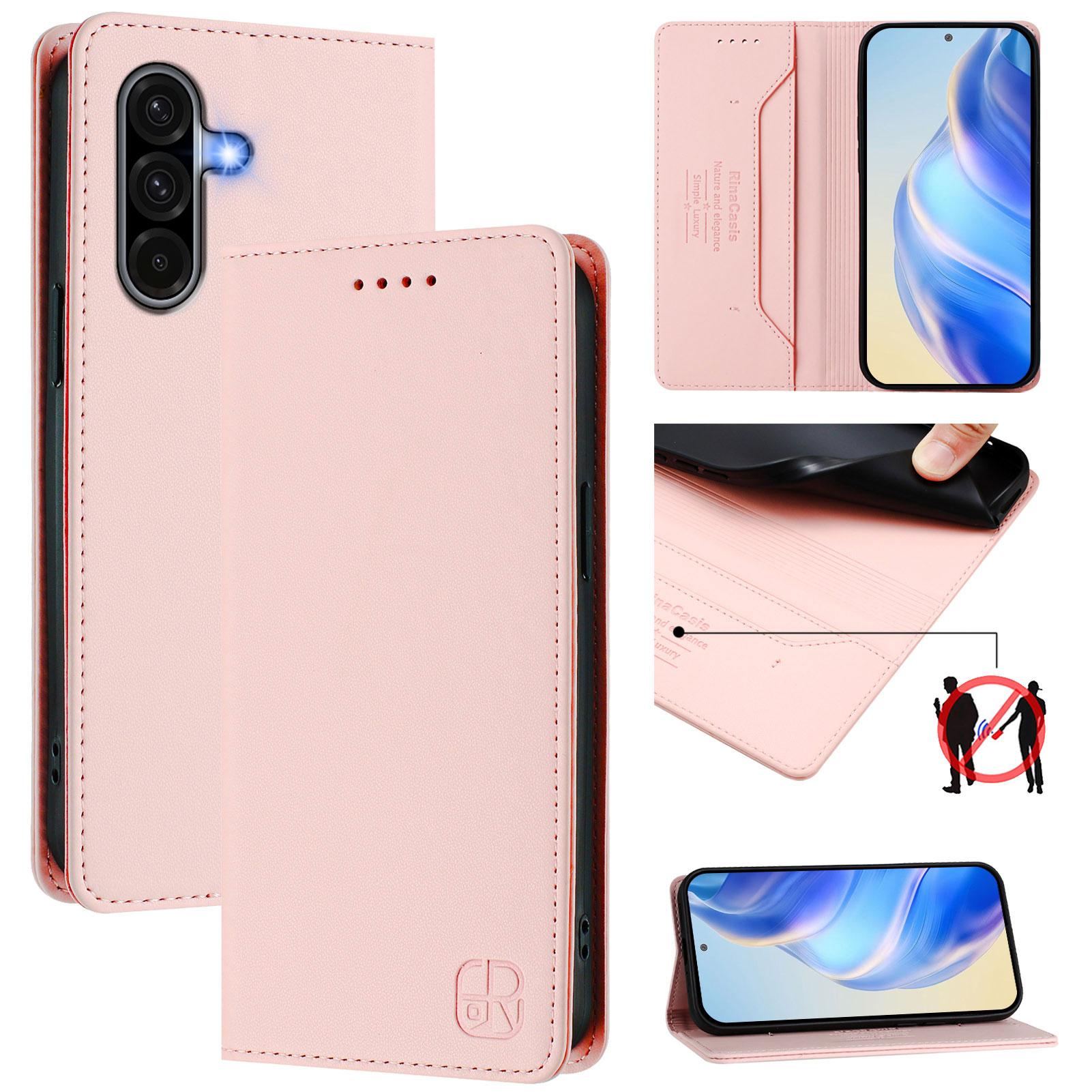 

Роскошный кожаный чехол для Samsung Galaxy A56 A26 A36 A16 A06 A51 A71 A50 A55 A40 RFID-блокирующий слот для карт Магнитная подставка для притяжения Ударопрочный откидной чехол Samsung A56 5G розовый