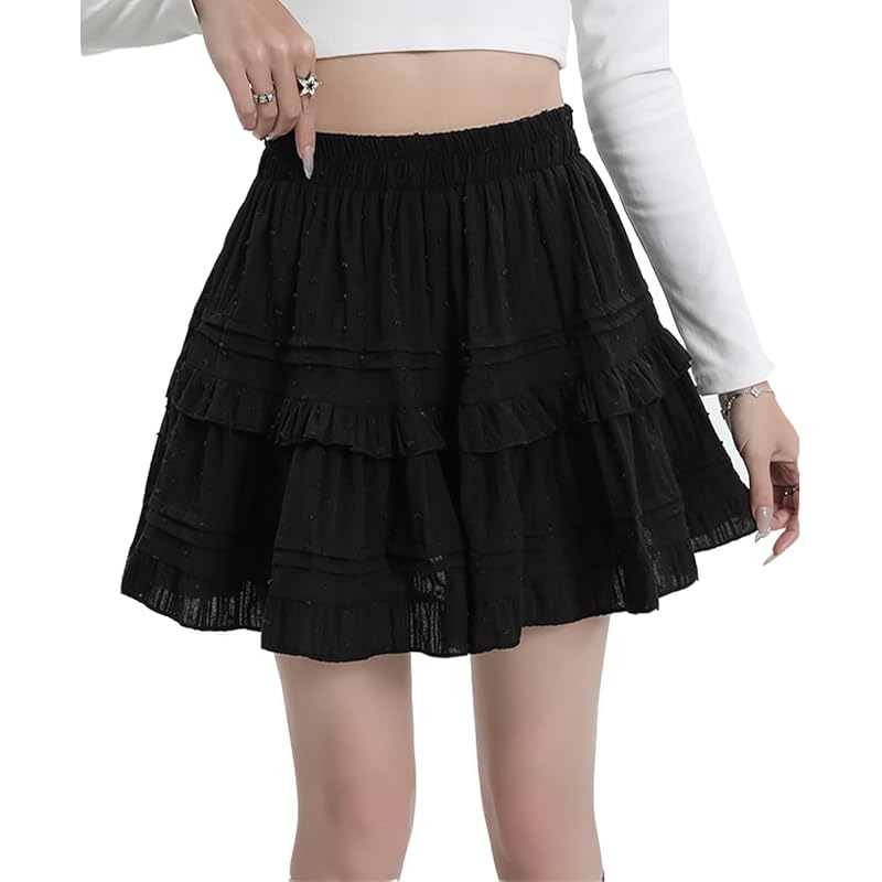 

[Ekieta] skirt mini skirt ladies high waist skirt A-line flared skirt frills cute mini double layer lined short length Fluffy Plain color commute
