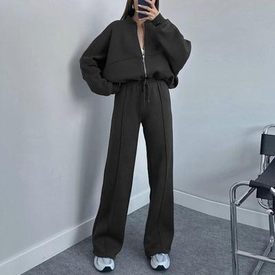 2 Pcs/Set Women Coat Pants Set Stand Collar Zipper Closure Long Sleeve Loose Elastic Cuff High Elastic Waist Wide Leg Solid Color Lady Tracksuit