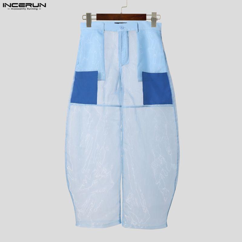 INCERUN Men High Waist Zip-up See Through Perspective Party Long Pants Trousers