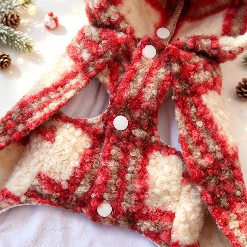 Thick Plush Pet Hooded Cape Vest Red Plaid Christmas Pet Cape Cute Pet Warm Coat  Dog Cat