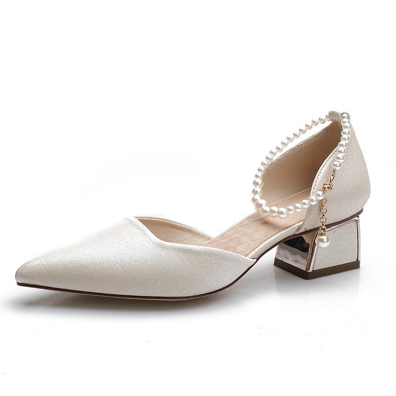 Baotou sandals women's medium heel pointed summer 2025 new high heels women's thick heel pearl fairy wind hollow single shoes