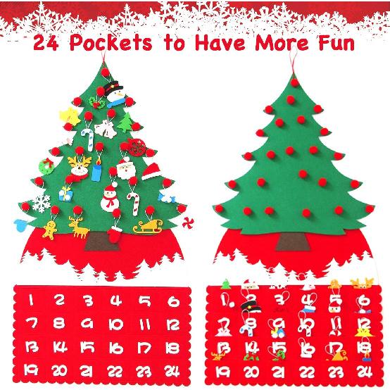 DIY Felt Christmas Tree Ornaments Advent Calendar, 24 Days Countdown to Xmas Advent Calendar with 24 Ornaments & Pockets, DIY Tree Cute Holiday Decor