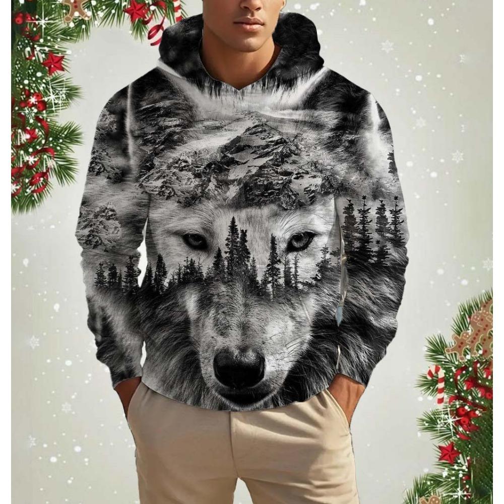 Men's Hooded Fashion Animal Wolf 3D Print Hoodies Top Spring Autumn Fashion Casual Long Sleeved Pullover Oversized Sweatshirts