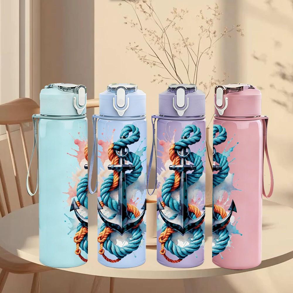 1PC Anchor Watercolor Splash Print 750ml Color Plastic Sports Water Bottle Leakproof Flip Straw Lid Suitable for Sports Office Home Use