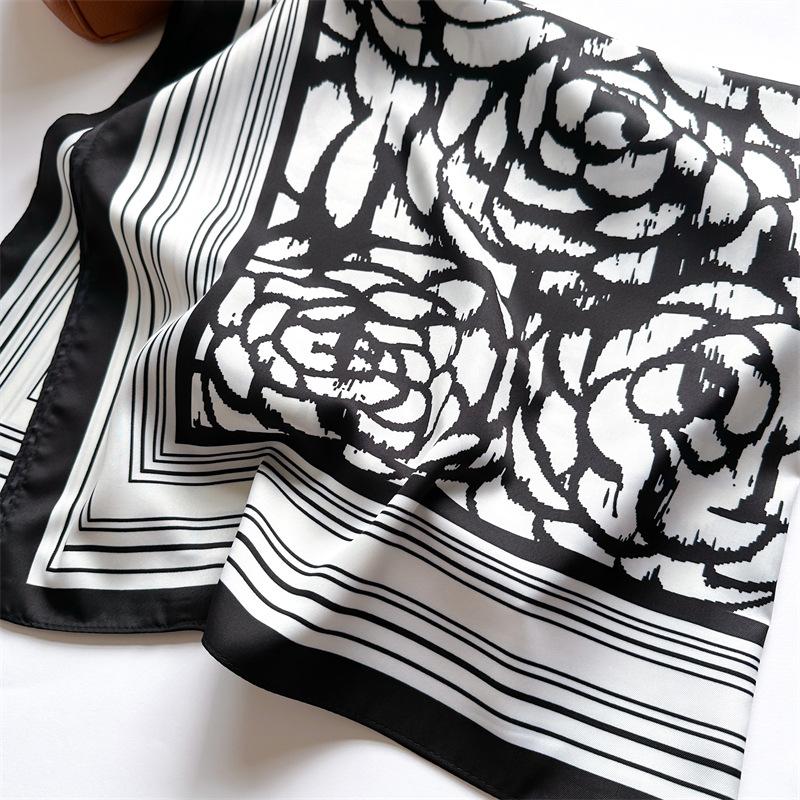 Premium Camellia Scarf Simple Line Shawl Twill Silk Large Square Scarf 91cm Autumn and Winter Travel Sunscreen Headscarf