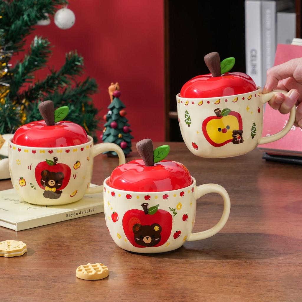Högvärdig Apple-mugg med lock Mugg Jul Keramisk mugg Handritad tecknad söt Kaffekopp Souvenir